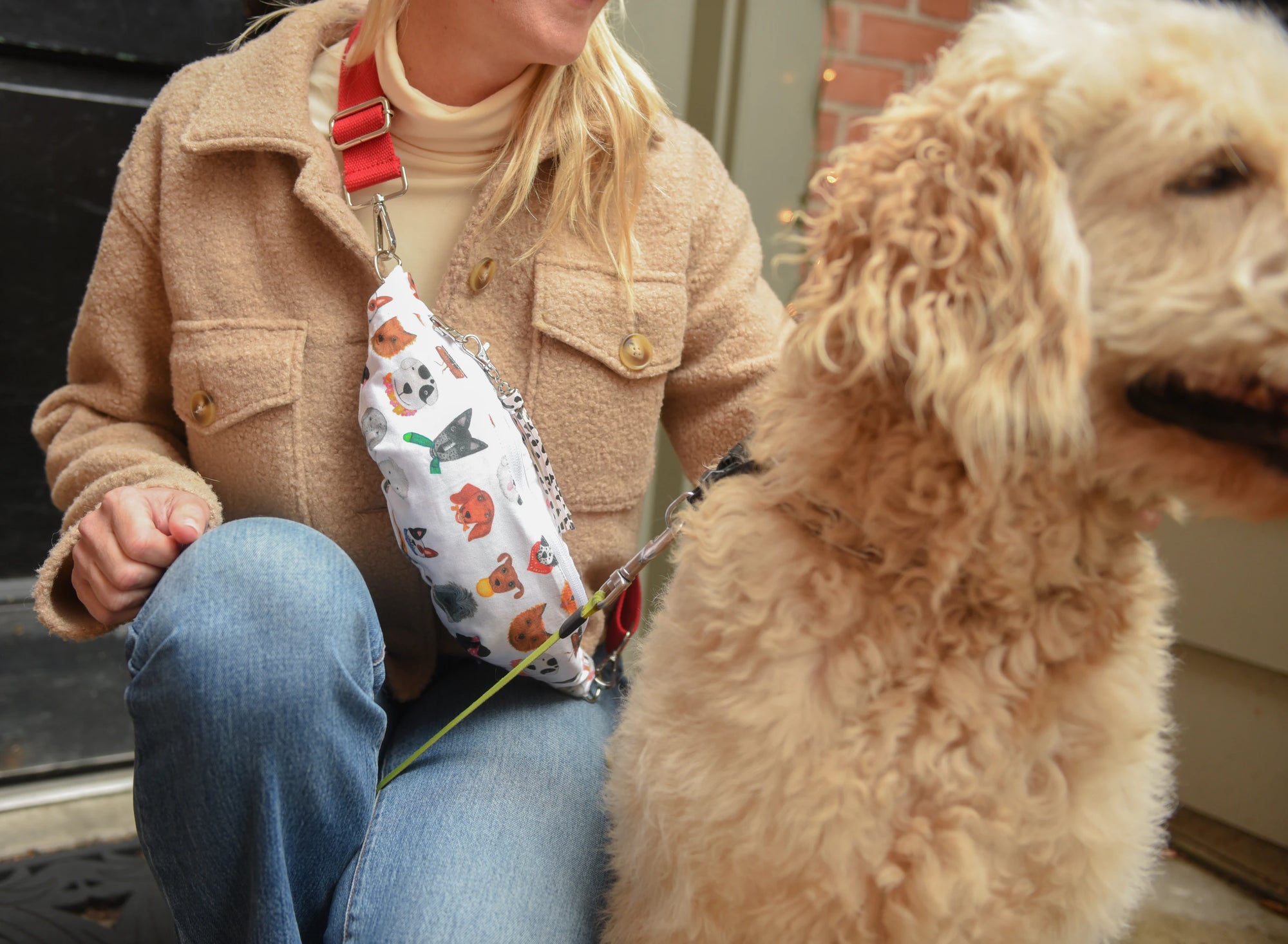 Dog print handmade Switch Purse sling bag styled for a shop-the-look feature