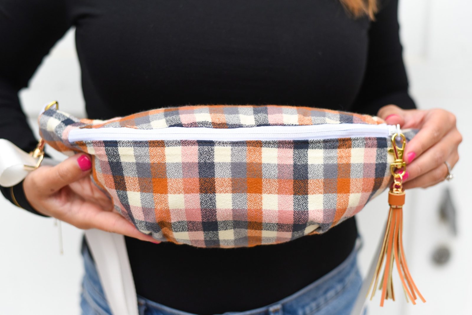 Close-up of a fall plaid side of a handmade reversible Switch Purse crossbody bag