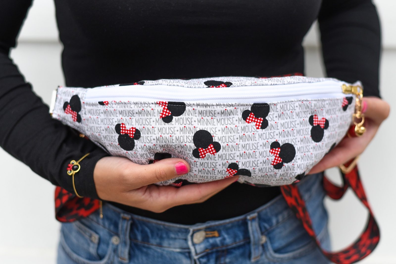 Close-up of a character print side of a handmade reversible Switch Purse bag
