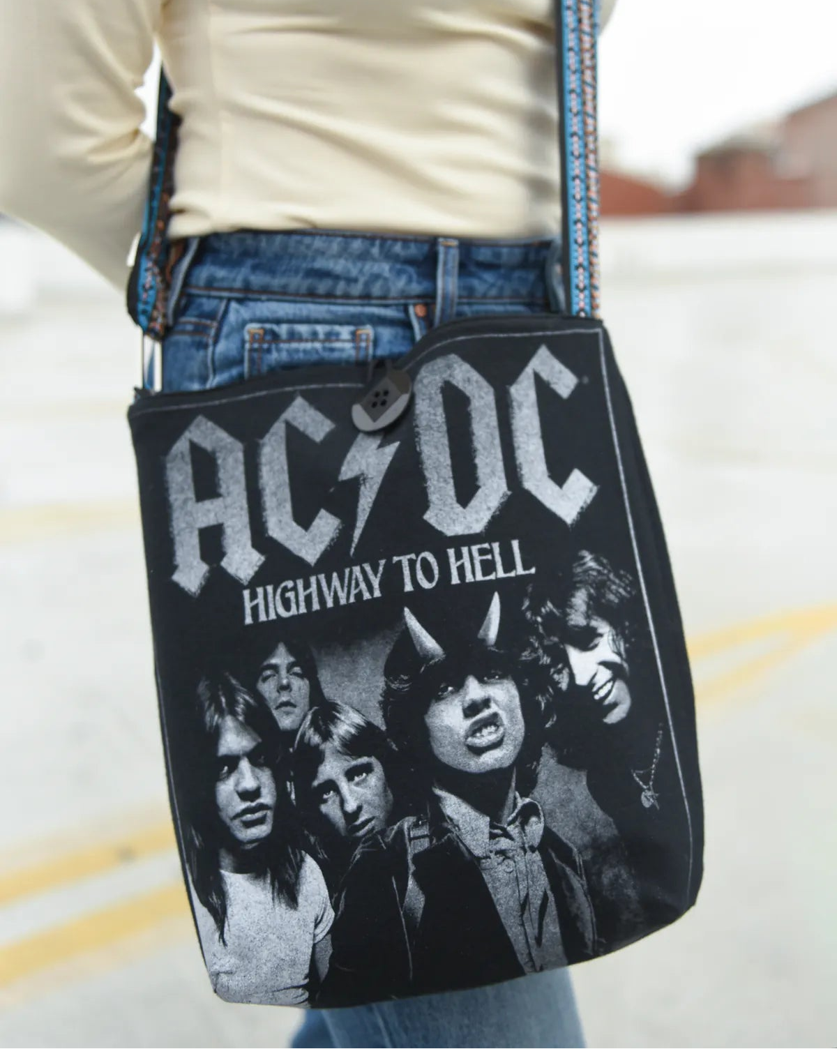 Upcycled concert tee graphic side of a handmade reversible Switch Purse bag