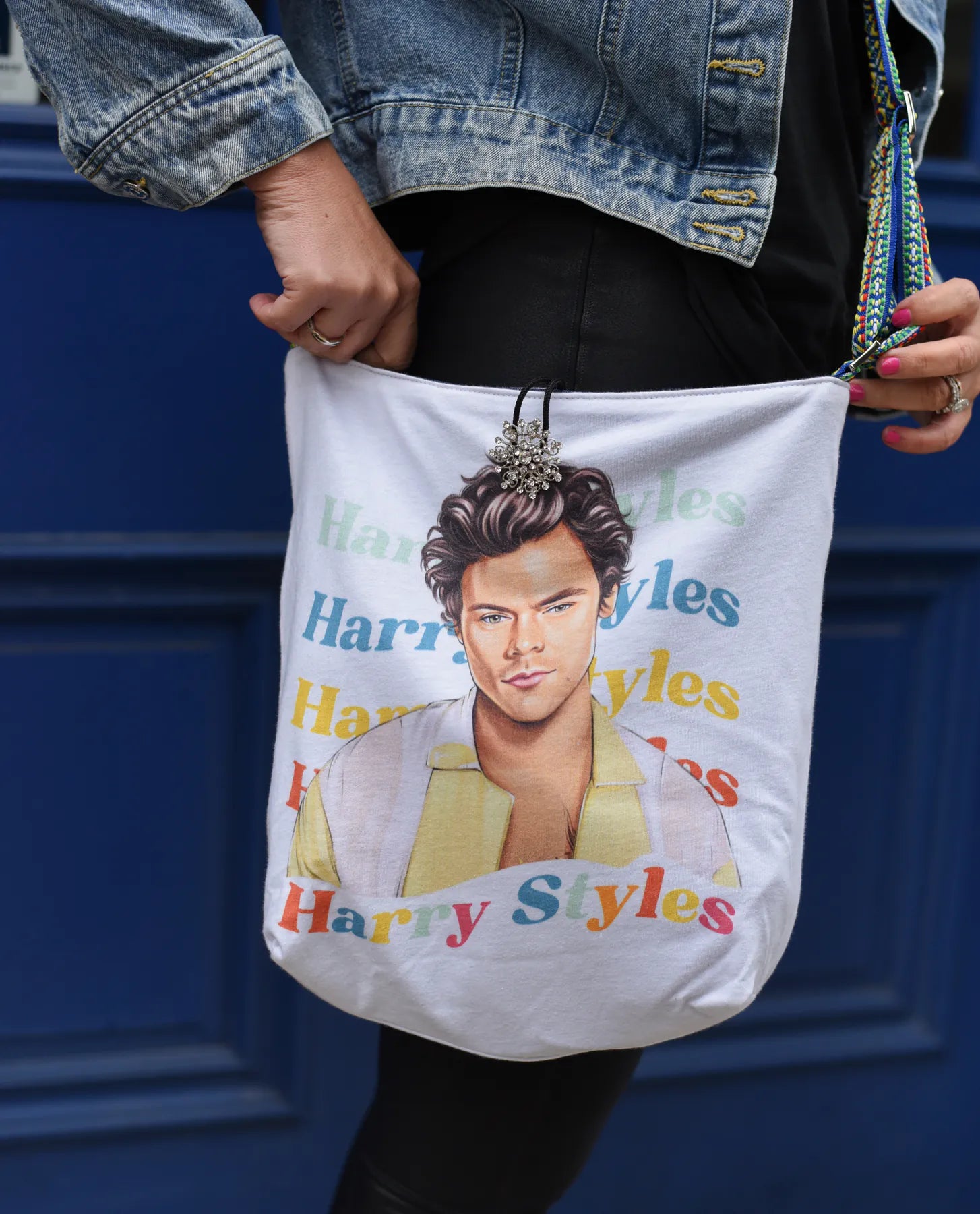 Upcycled pop concert tee graphic side of a handmade reversible Switch Purse messenger bag