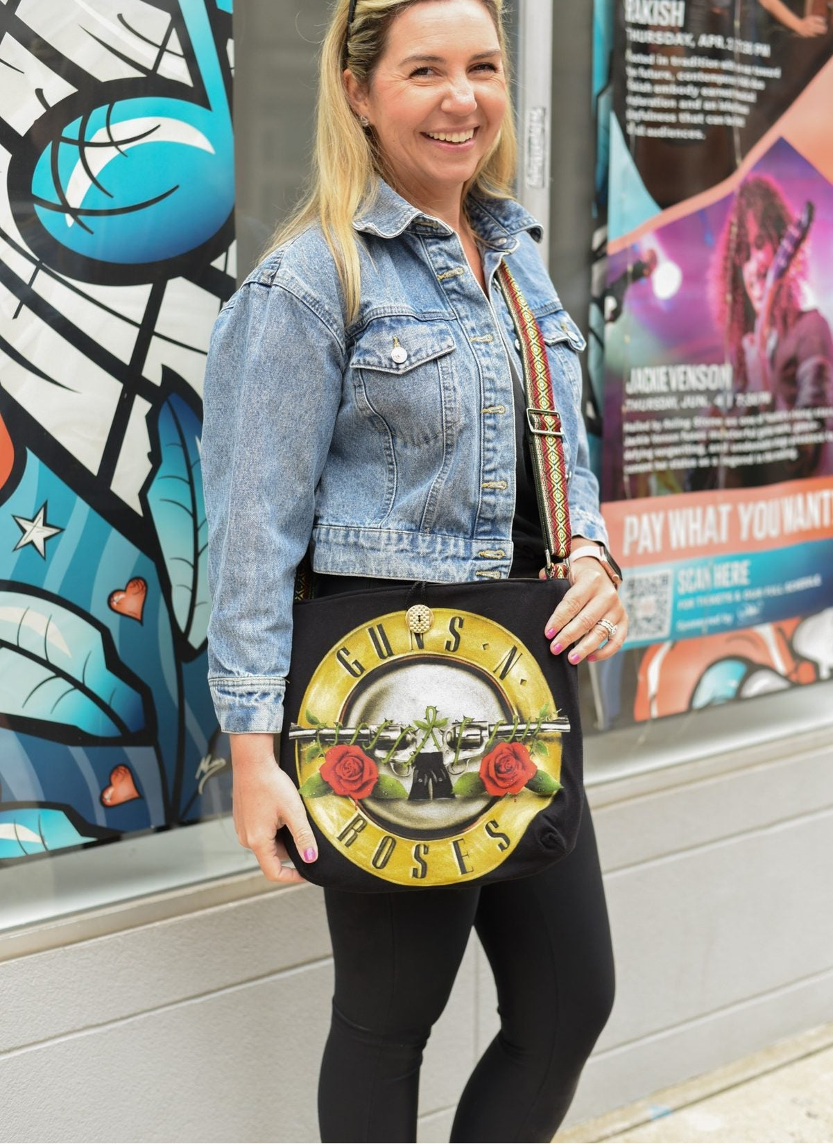Upcycled rock concert tee graphic side of a handmade reversible Switch Purse bag