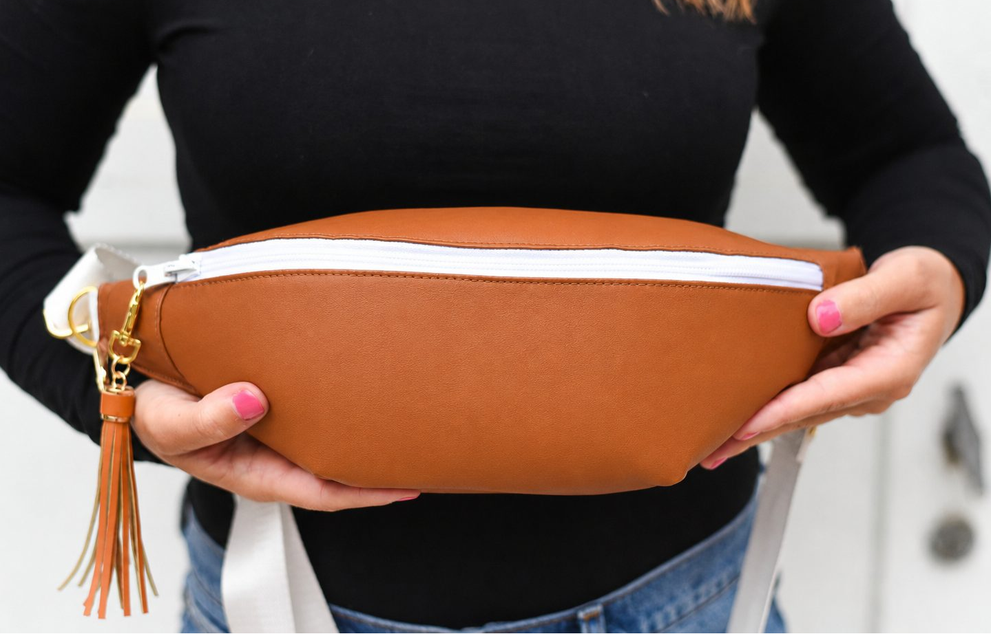 Close-up of the tan leather-look side of a handmade reversible Switch Purse bag
