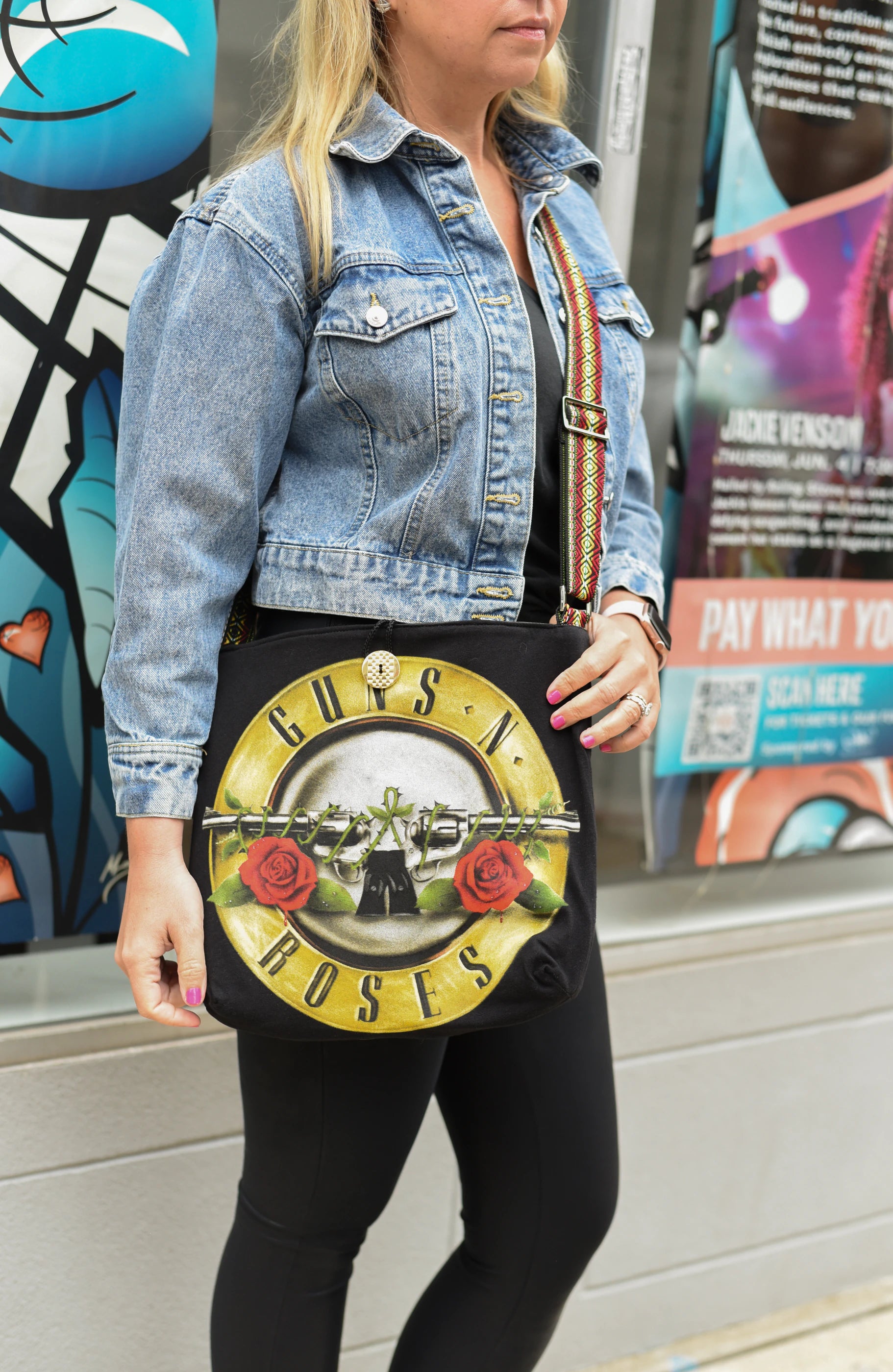 Handmade reversible messenger bags made from upcycled concert tees