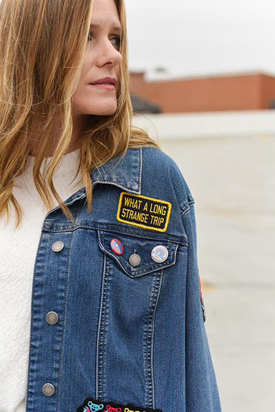 One-of-one upcycled denim jacket made with a reclaimed concert tee graphic panel