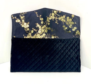 #4002 - Envelope Clutch - Black Quilted Quilted Velvet & Silk Blossoms  (Switch Purse)